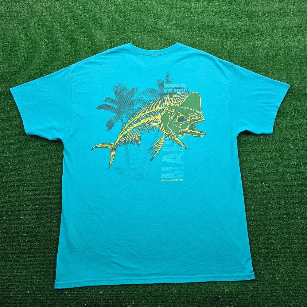 Reel Legends Mahi Skeleton Graphic Tshirt Mens XL Green Teal Outdoors Fishing